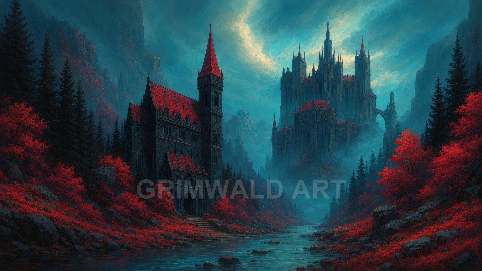 Gothic castles with red roofs rise above a misty river valley, framed by dark pines and vivid red foliage beneath a dramatic teal sky.