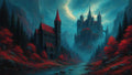 GRID THUMBNAIL — Gothic castles with red roofs rise above a misty river valley, framed by dark pines and vivid red foliage beneath a dramatic teal sky.