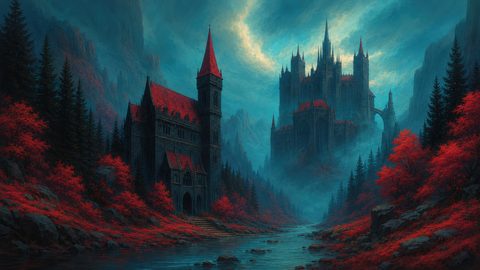 GRID THUMBNAIL — Gothic castles with red roofs rise above a misty river valley, framed by dark pines and vivid red foliage beneath a dramatic teal sky.