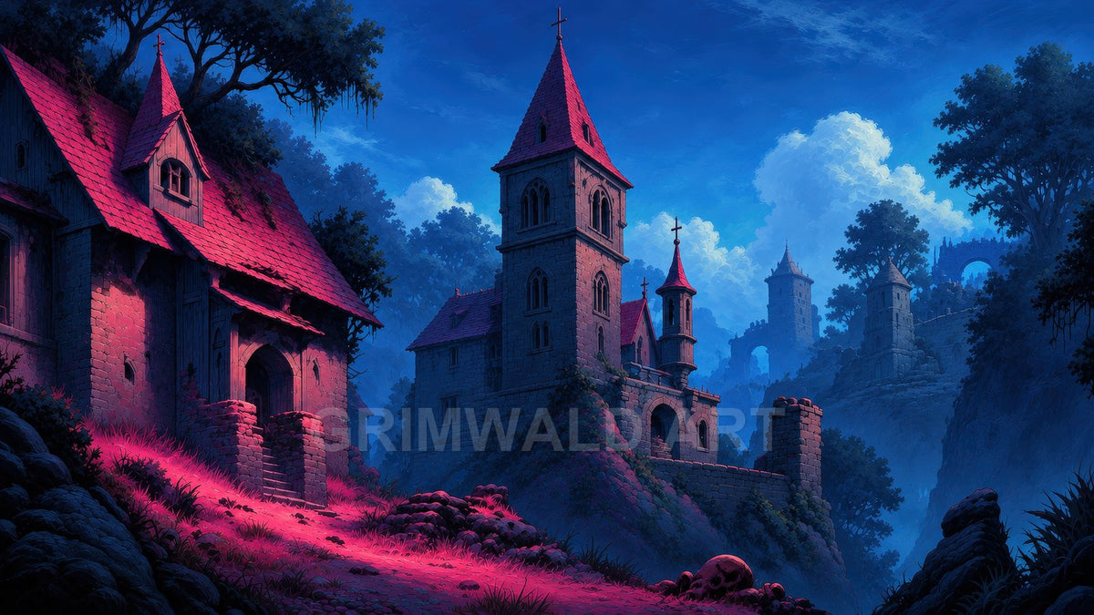 Gothic stone abbey with red-tiled roofs on a misty hillside at twilight, surrounded by towers, trees and distant arches under deep blue sky.