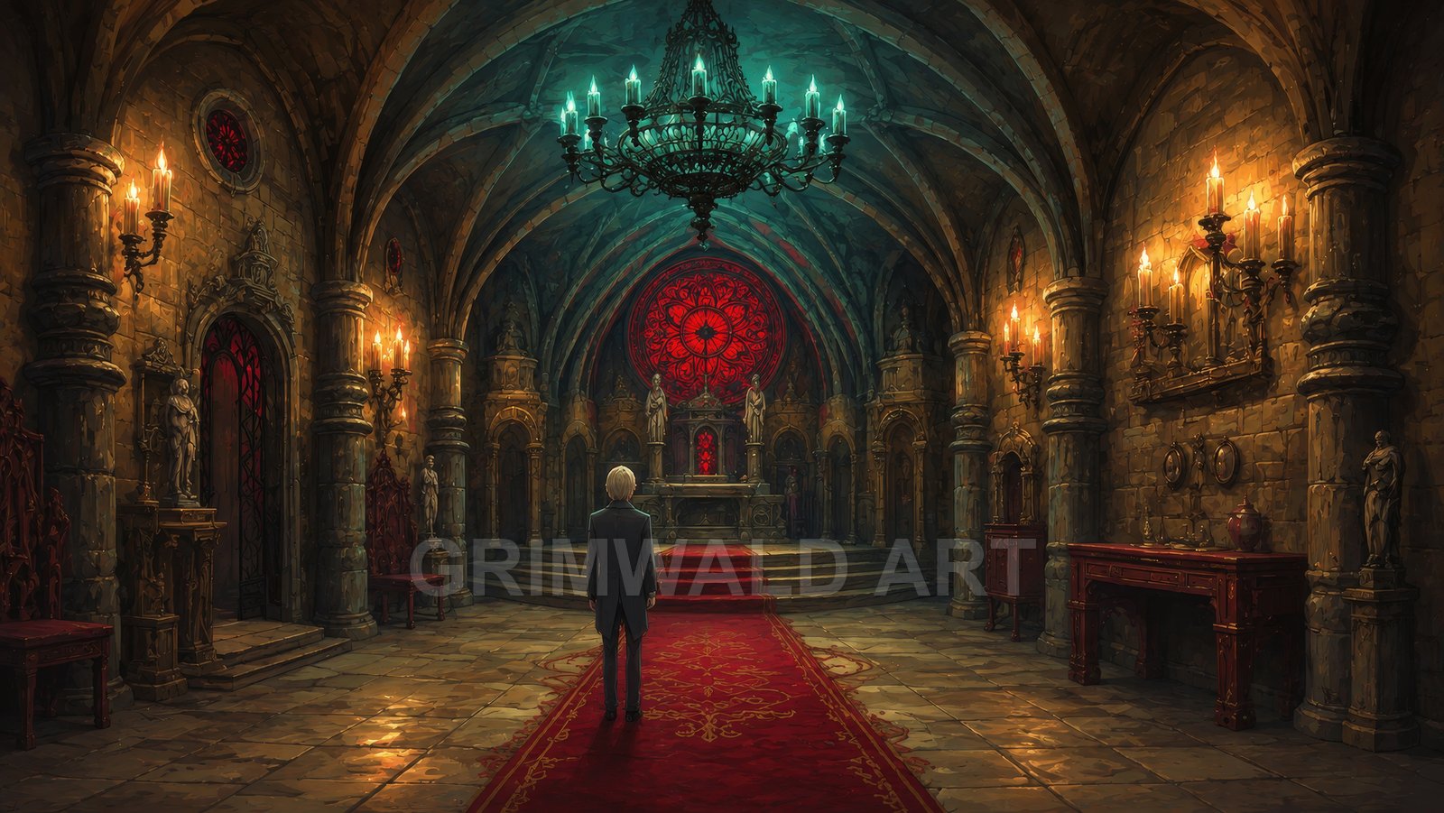 Gothic cathedral interior with arched stone vaults, red stained-glass rose window, teal chandelier, candlelit walls, and a lone figure on a crimson carpet.