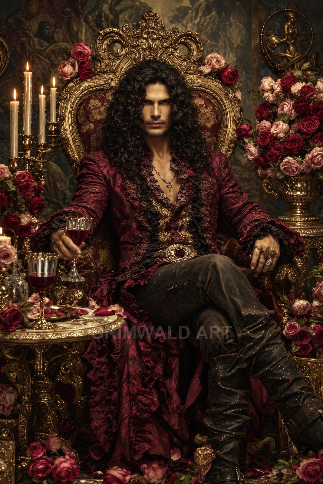 A dark-haired male noble in ornate red brocade reclines on a gilded throne, surrounded by roses and candles in a firelit interior.