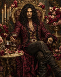 GRID THUMBNAIL — A dark-haired male noble in ornate red brocade reclines on a gilded throne, surrounded by roses and candles in a firelit interior.