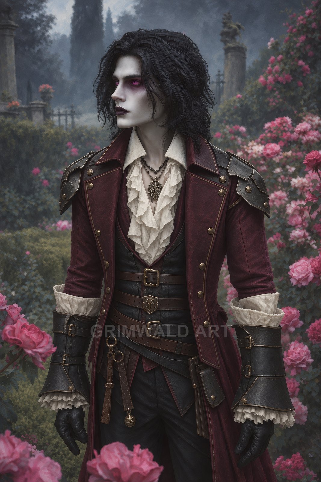 Androgynous vampire in a crimson coat and ruffled shirt stands amid blooming roses in a misty graveyard garden, gazing left.