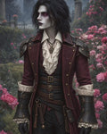 GRID THUMBNAIL — Androgynous vampire in a crimson coat and ruffled shirt stands amid blooming roses in a misty graveyard garden, gazing left.