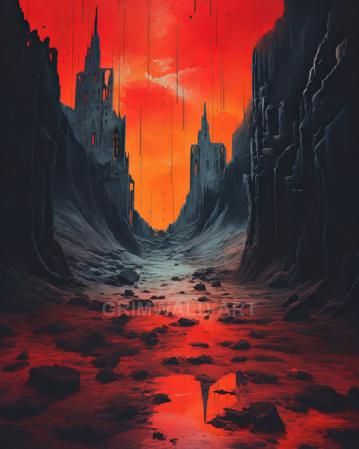 Dark fantasy valley of jagged cliffs with crumbling gothic towers and a reflective red river under a blazing orange sky streaked with black lines.