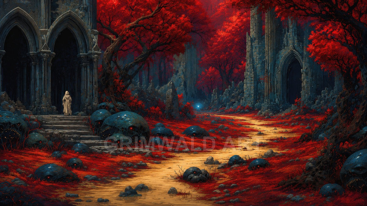 A golden path winds through a crimson forest towards towering gothic ruins, flanked by eerie eye-studded boulders and a faint blue wisp in the distance.