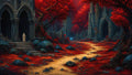 GRID THUMBNAIL — A golden path winds through a crimson forest towards towering gothic ruins, flanked by eerie eye-studded boulders and a faint blue wisp in the distance.