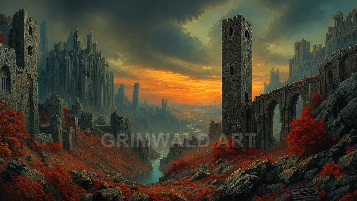 Epic fantasy valley with towering castle ruins, arched stone bridge and winding river beneath a fiery sunset sky, red foliage and dark storm clouds.