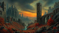 GRID THUMBNAIL — Epic fantasy valley with towering castle ruins, arched stone bridge and winding river beneath a fiery sunset sky, red foliage and dark storm clouds.