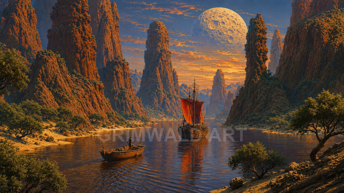 Tall orange rock spires rise above a calm river as a red-sailed ship and small boat pass under a vast cratered moon.