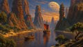 GRID THUMBNAIL — Tall orange rock spires rise above a calm river as a red-sailed ship and small boat pass under a vast cratered moon.