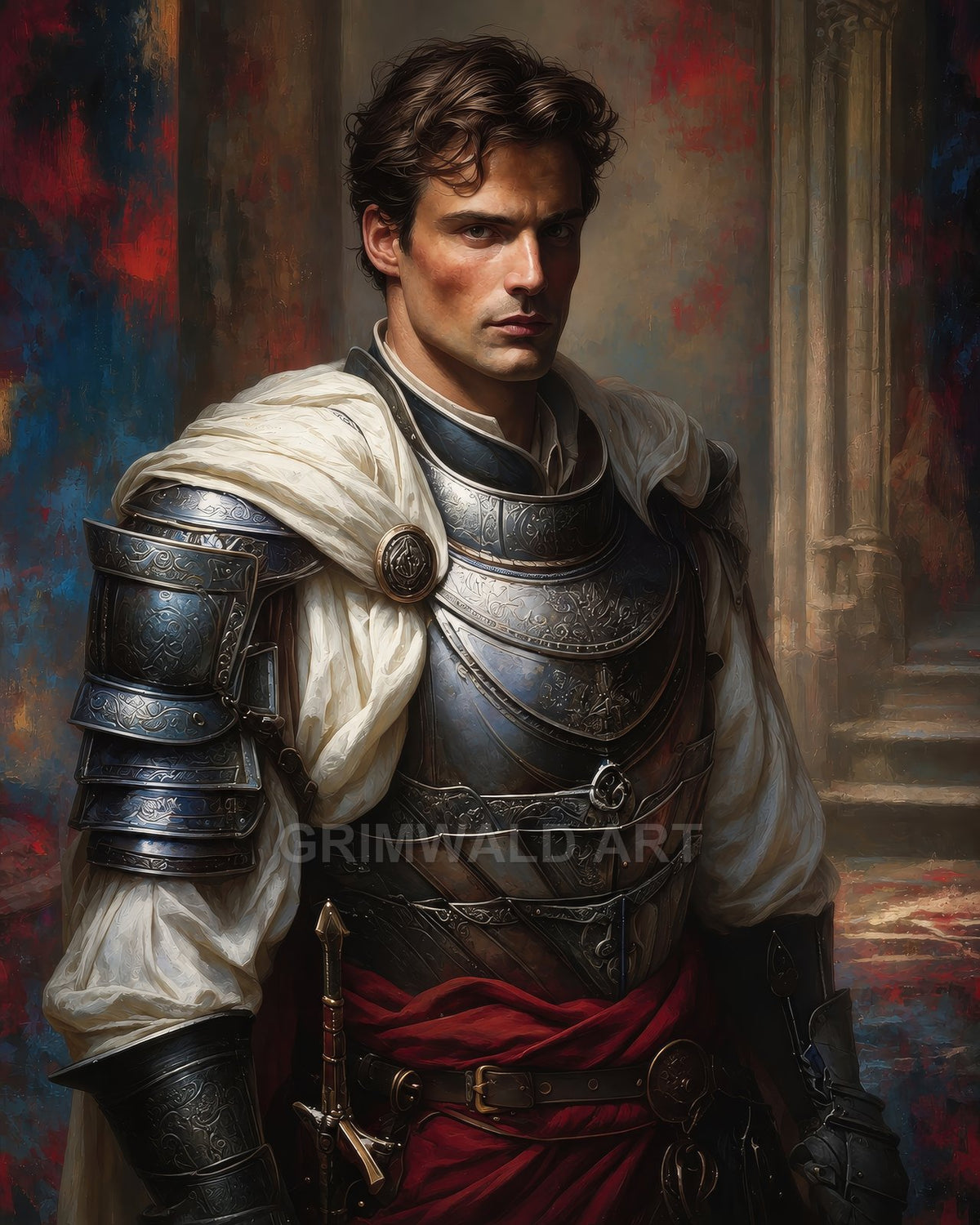 Portrait of a male knight in ornate steel plate armour with a white cloak and red sash, standing beside weathered stone columns.