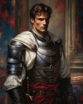 GRID THUMBNAIL — Portrait of a male knight in ornate steel plate armour with a white cloak and red sash, standing beside weathered stone columns.