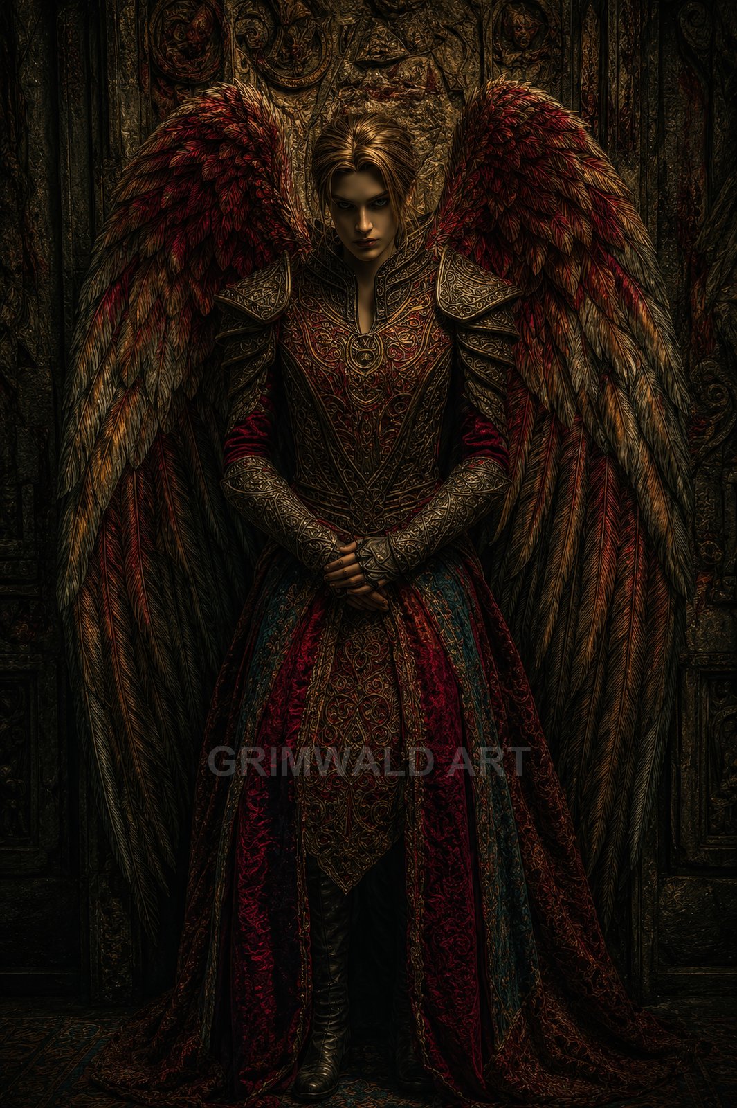 Androgynous winged figure in ornate red and gold armour stands before a carved gothic backdrop, feathered crimson wings spread, moody firelit ambience.