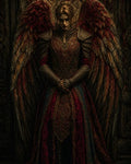GRID THUMBNAIL — Androgynous winged figure in ornate red and gold armour stands before a carved gothic backdrop, feathered crimson wings spread, moody firelit ambience.