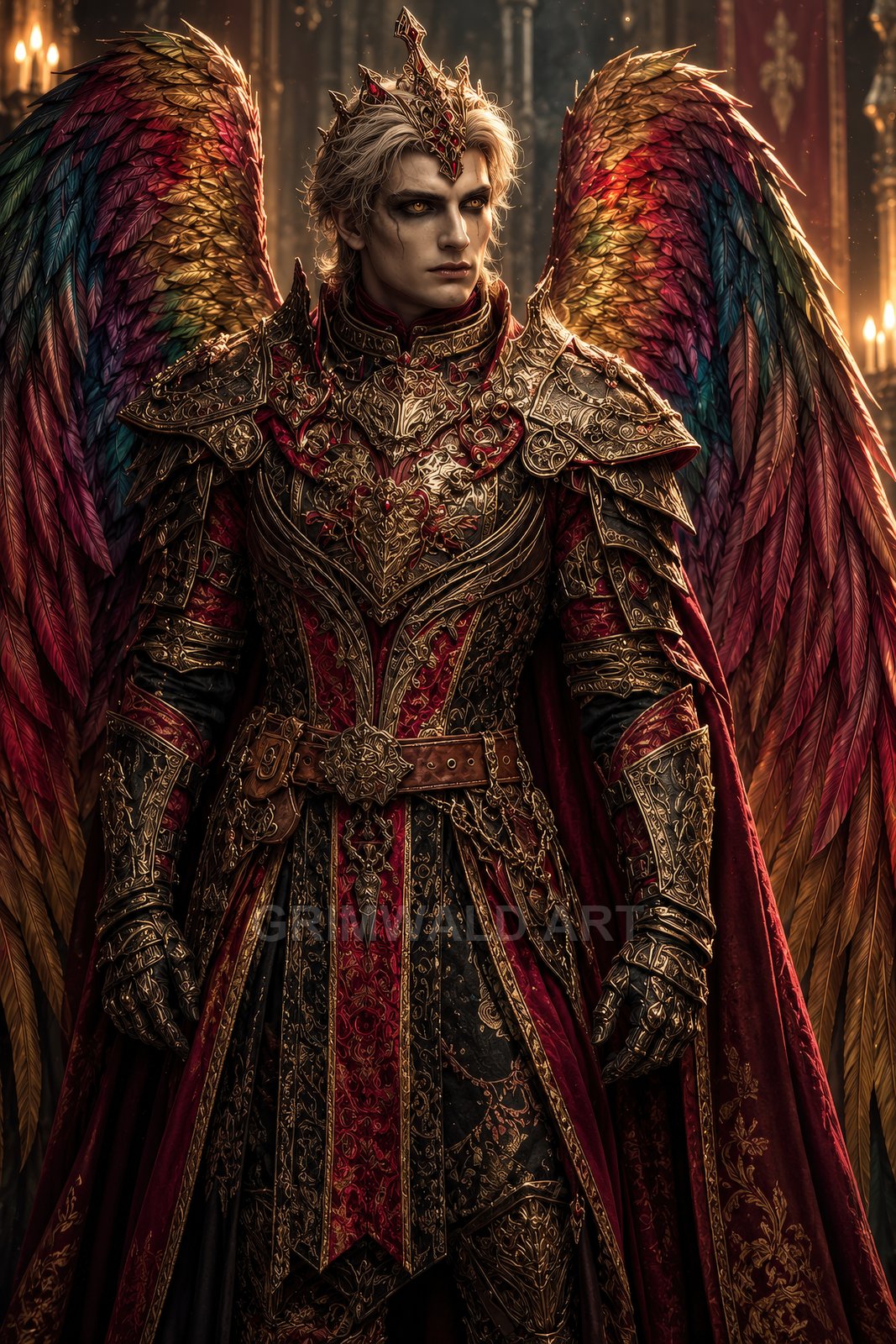 Regal male celestial with multicoloured feathered wings and ornate red-and-gold armour, wearing a crown in a candlelit cathedral interior, staring intently.