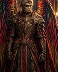 GRID THUMBNAIL — Regal male celestial with multicoloured feathered wings and ornate red-and-gold armour, wearing a crown in a candlelit cathedral interior, staring intently.