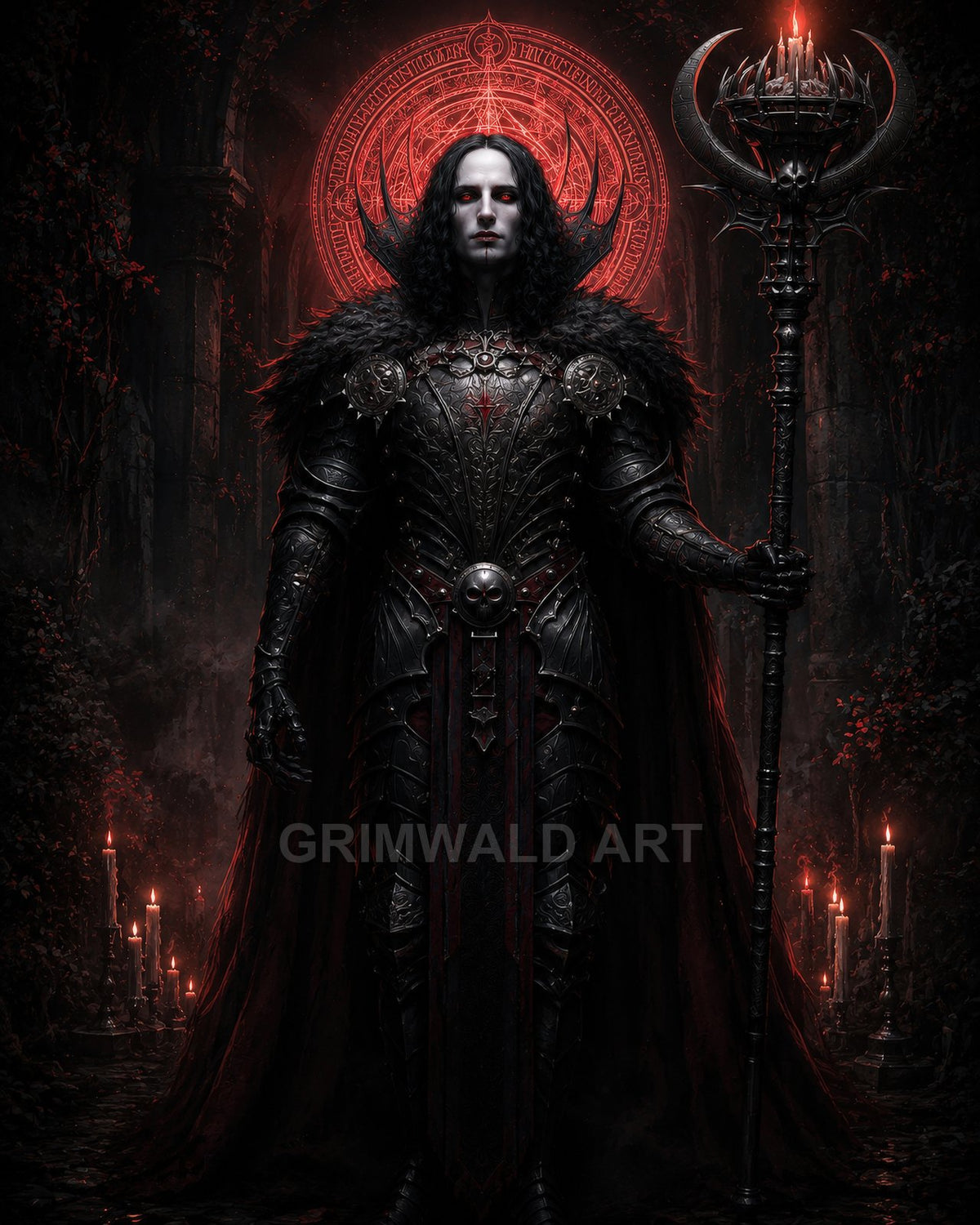 Armoured necromancer holding a spiked candelabrum staff before a glowing red magic circle in a dark cathedral, candles flickering around a fur-mantled figure.