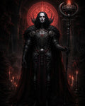 GRID THUMBNAIL — Armoured necromancer holding a spiked candelabrum staff before a glowing red magic circle in a dark cathedral, candles flickering around a fur-mantled figure.