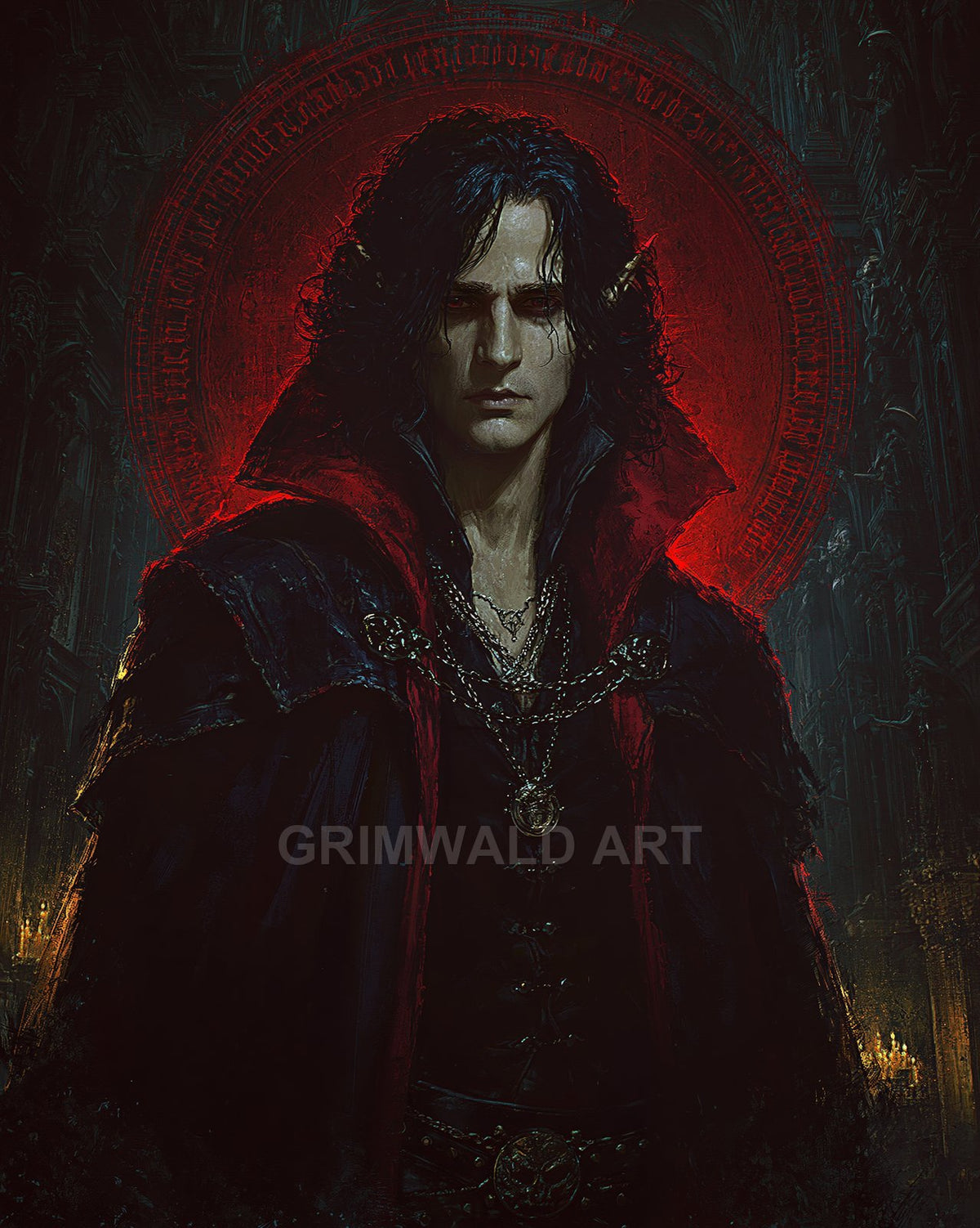 Gothic portrait of pale, red-eyed vampire with pointed ears and dark cloak, standing before glowing red occult sigil in candlelit cathedral interior.