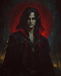 GRID THUMBNAIL — Gothic portrait of pale, red-eyed vampire with pointed ears and dark cloak, standing before glowing red occult sigil in candlelit cathedral interior.