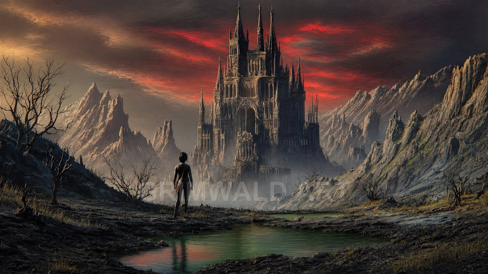 A lone figure stands beside a green tarn, facing a towering gothic castle in jagged mountains beneath dramatic blood-red sunset clouds and drifting mist.
