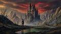 GRID THUMBNAIL — A lone figure stands beside a green tarn, facing a towering gothic castle in jagged mountains beneath dramatic blood-red sunset clouds and drifting mist.