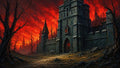 GRID THUMBNAIL — Ominous stone fortress with red-glowing windows under a blazing crimson sky, flanked by leafless trees and a rocky dirt path.