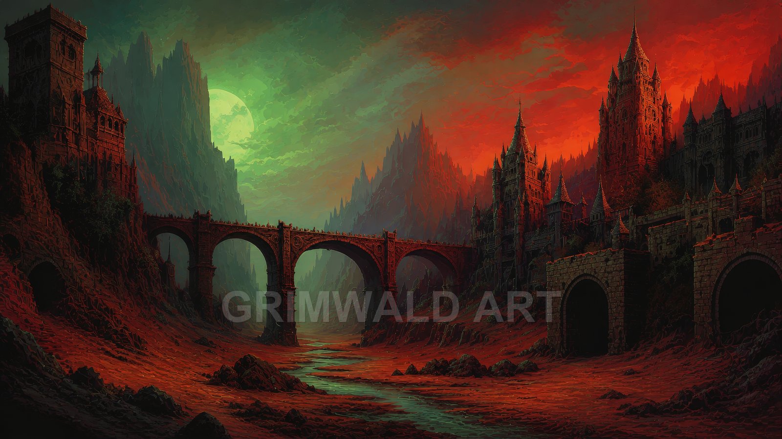 Gothic castles and an arched stone bridge span a red-lit valley with jagged mountains and a green moon hanging over dark clouds.