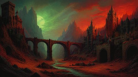 GRID THUMBNAIL — Gothic castles and an arched stone bridge span a red-lit valley with jagged mountains and a green moon hanging over dark clouds.