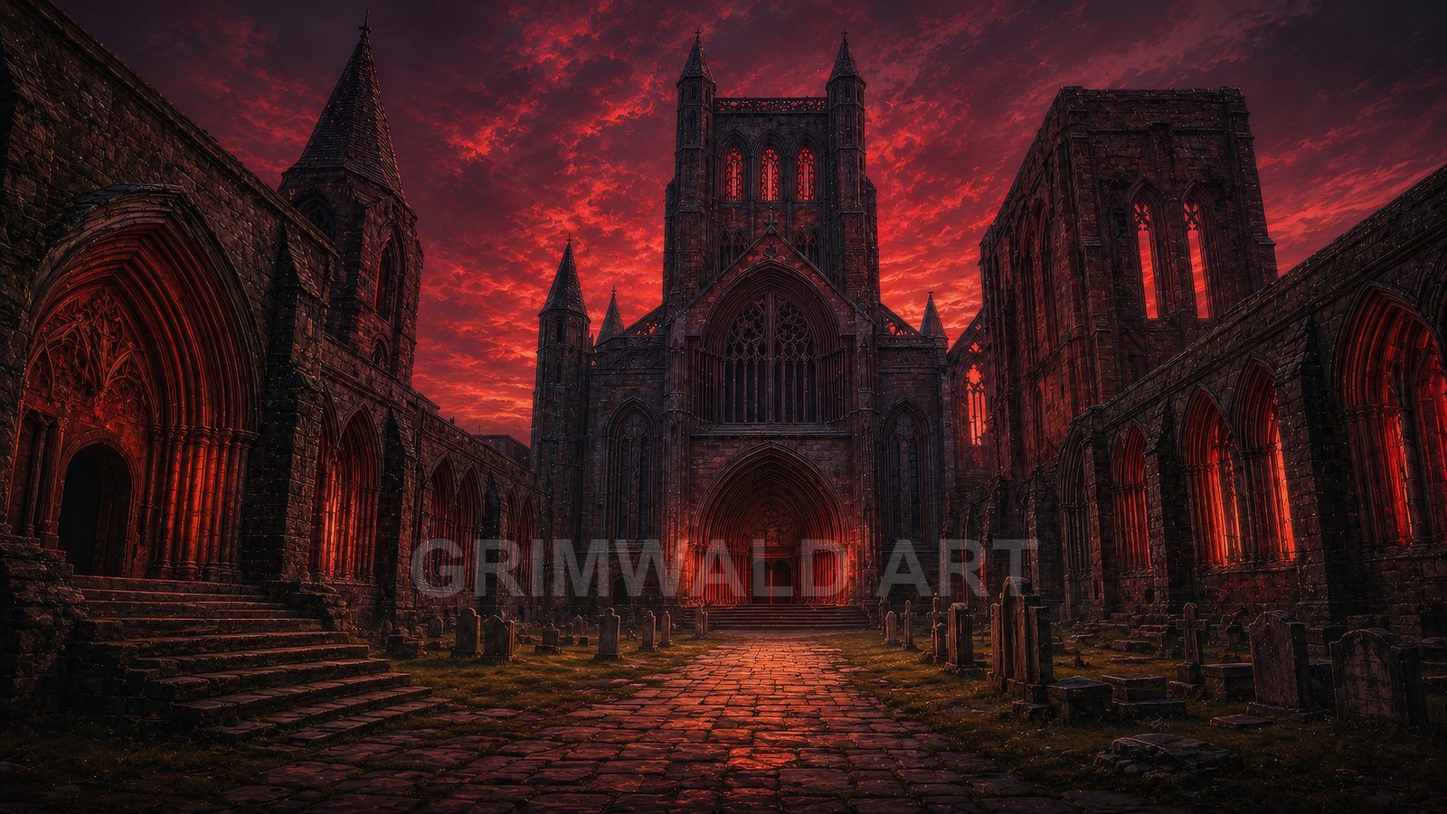 Gothic cathedral courtyard glows red at sunset, with arched stone facades, cobbled path and scattered gravestones beneath a dramatic crimson sky.
