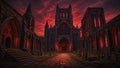 GRID THUMBNAIL — Gothic cathedral courtyard glows red at sunset, with arched stone facades, cobbled path and scattered gravestones beneath a dramatic crimson sky.