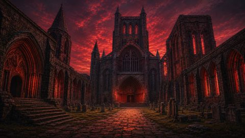 GRID THUMBNAIL — Gothic cathedral courtyard glows red at sunset, with arched stone facades, cobbled path and scattered gravestones beneath a dramatic crimson sky.