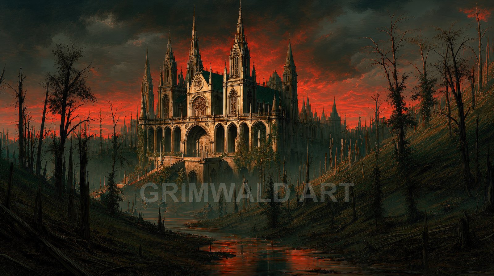 Gothic cathedral with soaring spires above a misty, dead forested valley and red sunset sky, reflected in a winding river.