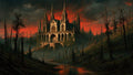 GRID THUMBNAIL — Gothic cathedral with soaring spires above a misty, dead forested valley and red sunset sky, reflected in a winding river.