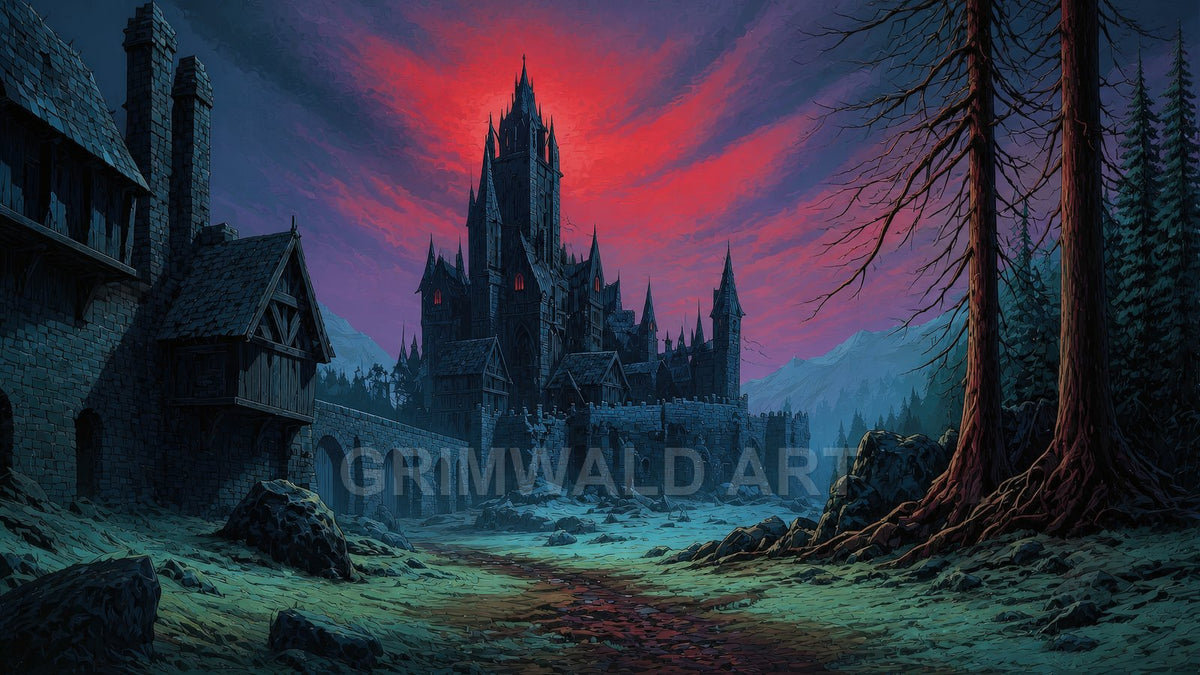 A dark gothic castle with red-lit windows rises above forest and mountains under a crimson sunset sky, framed by trees and a rocky path.