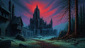 GRID THUMBNAIL — A dark gothic castle with red-lit windows rises above forest and mountains under a crimson sunset sky, framed by trees and a rocky path.
