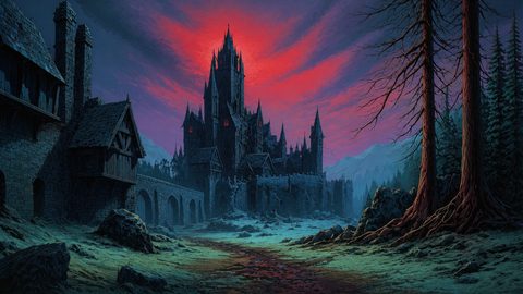 GRID THUMBNAIL — A dark gothic castle with red-lit windows rises above forest and mountains under a crimson sunset sky, framed by trees and a rocky path.