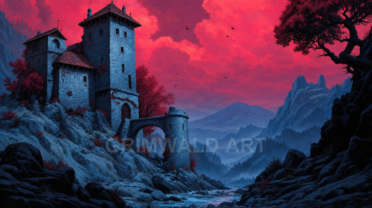Stone castle with an arched tower overlooks a rocky river valley beneath vivid red sunset clouds, framed by jagged blue mountains and red trees.