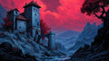 GRID THUMBNAIL — Stone castle with an arched tower overlooks a rocky river valley beneath vivid red sunset clouds, framed by jagged blue mountains and red trees.
