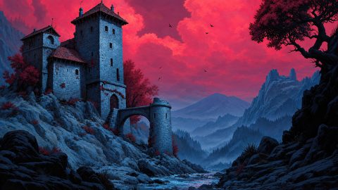 GRID THUMBNAIL — Stone castle with an arched tower overlooks a rocky river valley beneath vivid red sunset clouds, framed by jagged blue mountains and red trees.