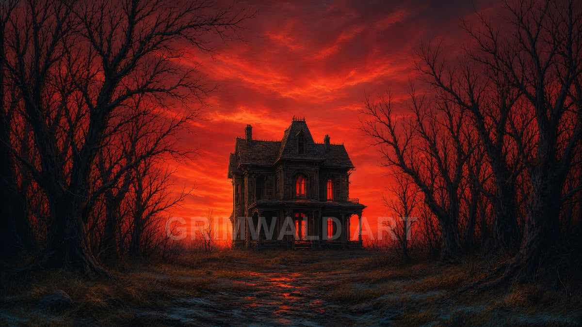 Gothic Victorian house with glowing red windows stands amid leafless trees under a fiery crimson sunset sky, along a muddy path.