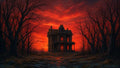 GRID THUMBNAIL — Gothic Victorian house with glowing red windows stands amid leafless trees under a fiery crimson sunset sky, along a muddy path.