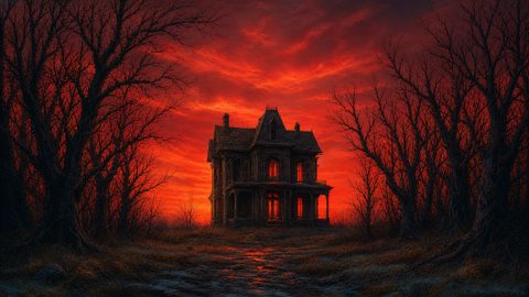 GRID THUMBNAIL — Gothic Victorian house with glowing red windows stands amid leafless trees under a fiery crimson sunset sky, along a muddy path.