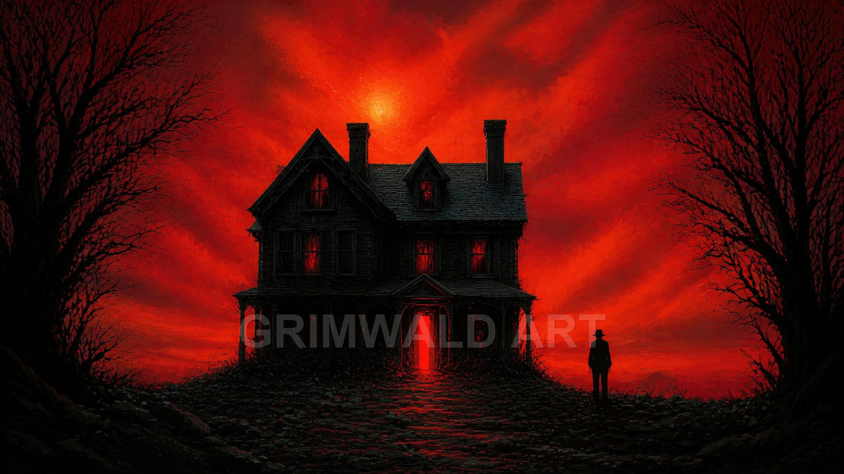 A dark, dilapidated mansion stands under a blood-red sunset, windows glowing, flanked by leafless trees and a solitary silhouetted figure.