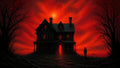 GRID THUMBNAIL — A dark, dilapidated mansion stands under a blood-red sunset, windows glowing, flanked by leafless trees and a solitary silhouetted figure.
