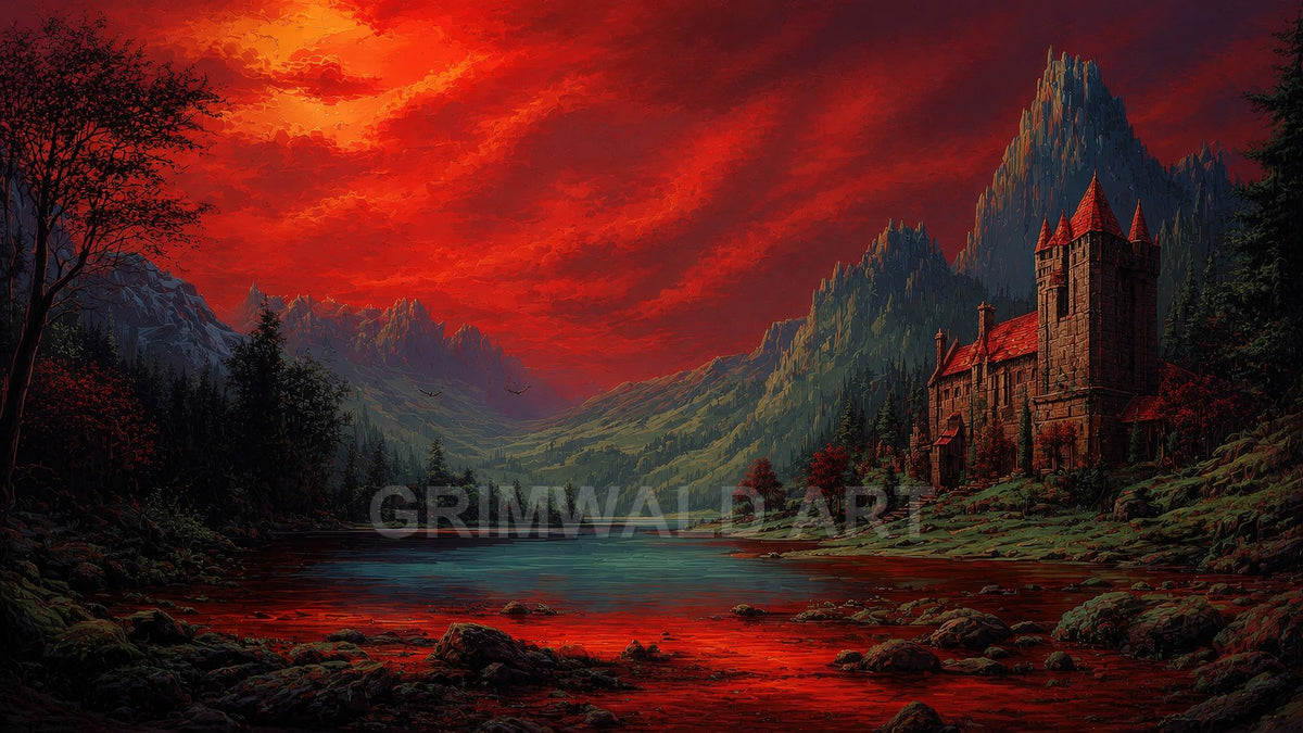 A red stormy sunset spreads across a mountain valley with a reflective lake and a stone castle with red roofs among dark pines.