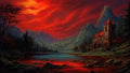 GRID THUMBNAIL — A red stormy sunset spreads across a mountain valley with a reflective lake and a stone castle with red roofs among dark pines.