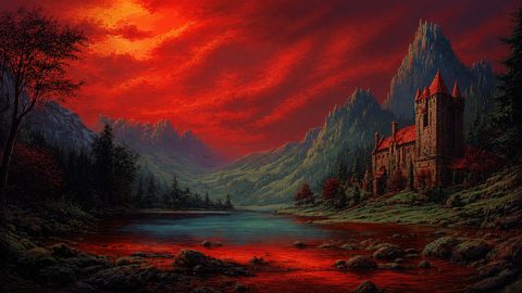 GRID THUMBNAIL — A red stormy sunset spreads across a mountain valley with a reflective lake and a stone castle with red roofs among dark pines.